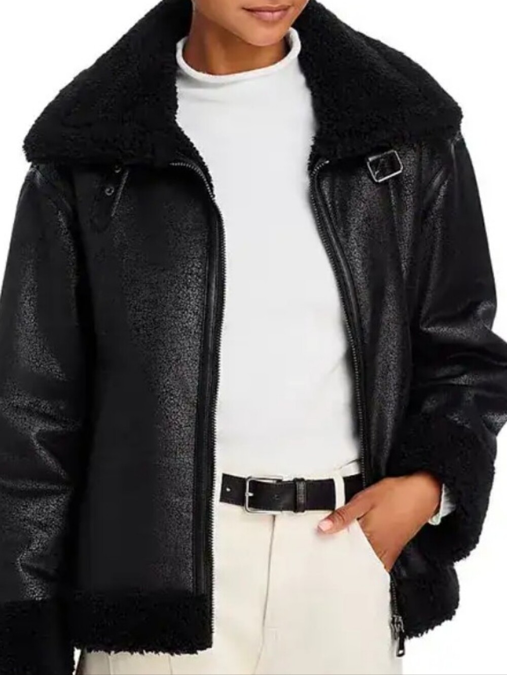 Aqua  Black Faux Shearling Flight Jacket Full Zip Size Large